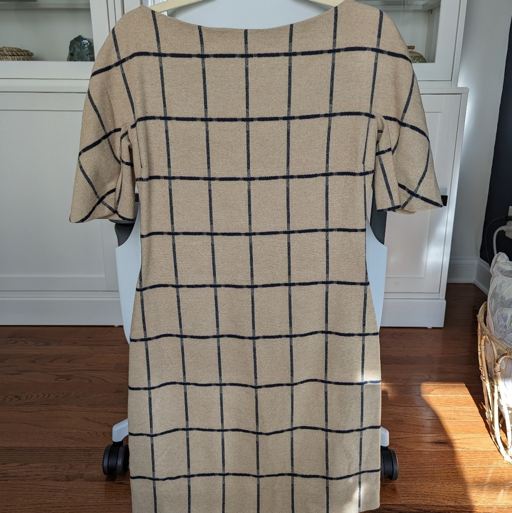 Zara Woman Tan Gray Plaid Boat Neck Dress Sz L